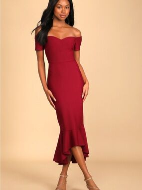 LULUS Off-Shoulder Wine Red Mermaid Midi Dress
